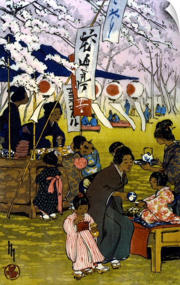Blossom time in Tokyo by Helen Hyde, Published: c1914: Print shows mothers and children drinking tea and eating among cher...