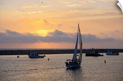 California, King Harbor, Sailboats at sunset in Redondo Beach