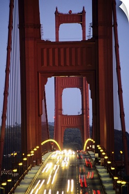 California, San Francisco, Golden Gate Bridge, Blurred Traffic Lights At Evening