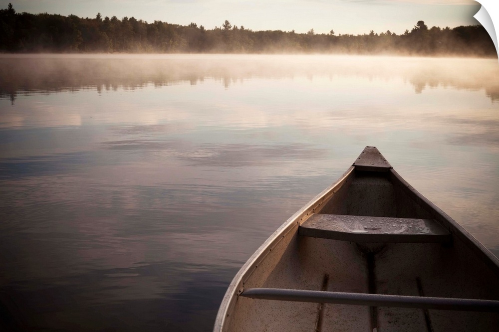 Canoe In Morning Fog On Duck Lake; Kirkfield, Ontario, Canada