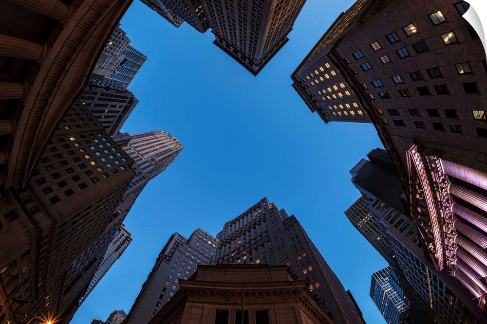 Center of Wall Street at twilight. New York City, New York, United States of America.