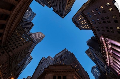 Center of Wall Street at twilight, New York City