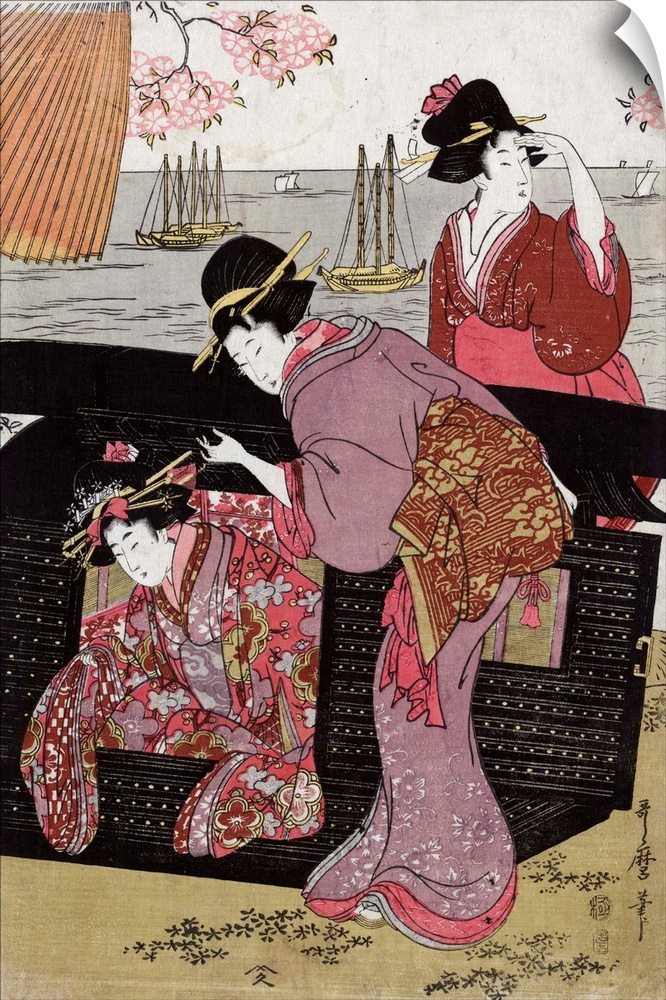 Cherryviewing at Gotenyama by Utamaro Kitagawa. Print of a woman helping another woman get out of a sedan chair and anothe...