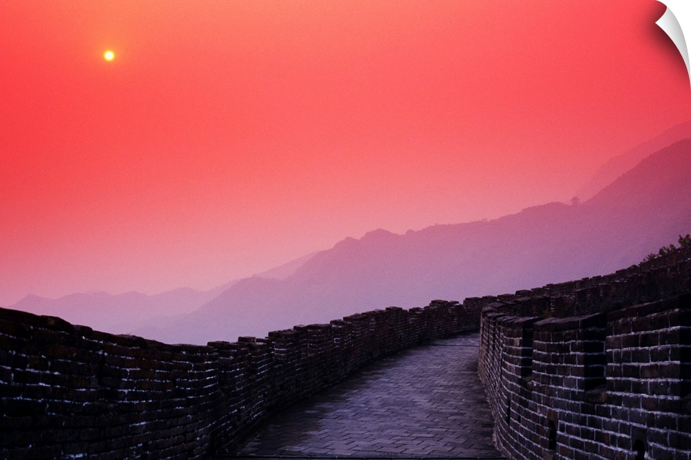 China, Mu Tian Yu, The Great Wall Of China, Bright Red Sky And Distant Moon
