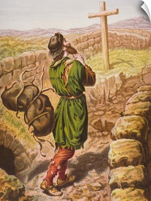 Christian Loses His Burden At The Cross. From The Book The Pilgrim's Progress