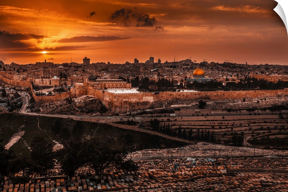 Cityscape of Jerusalem at sunset; Jerusalem, Israel.