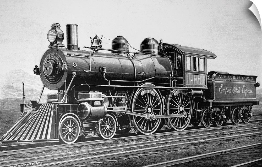 Engraving depicting a Class 999 locomotive used on the New York Central and Hudson River Railroad. Dated 19th century.