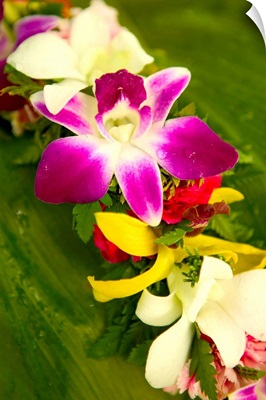 Close-Up Detail Of A Vibrant Colored Lei Made With Tropical Flowers