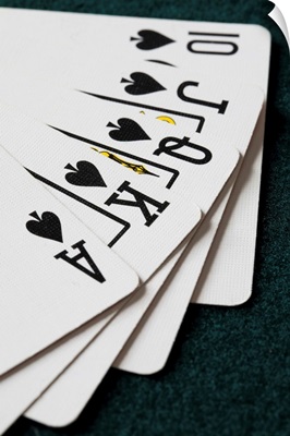 Close-Up Of Blackjack Playing Cards Showing Spades Royal Flush