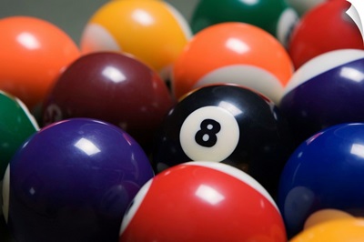 Close Up Of Pool Balls Racked On A Billiard Table Focused On The Eight Ball