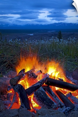 Close up view of a camp fire with a view of the Chugach Mountain in the distance