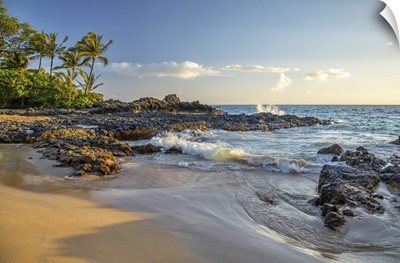 Coastline Of Maui With Rugged Lava Rock, A Beach And Palm Trees, Kihei, Maui, Hawaii