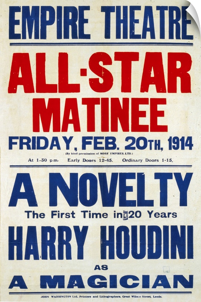 Colour lithograph, poster format, advertising Harry Houdini's first novelty in 20 years. Houdini, was a Hungarian-American...