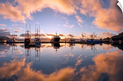 Commercial Fishing Boats In Auke Bay At Sunset, Southeast Alaska, Juneau, Alaska, USA