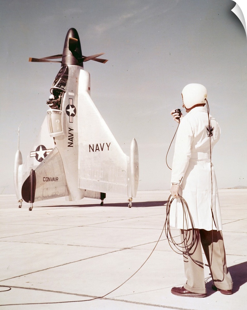 Colour photograph taken of the Convair XFY Pogo, an experimental turboprop powered tailsitting fighter. Dated 20th Century.