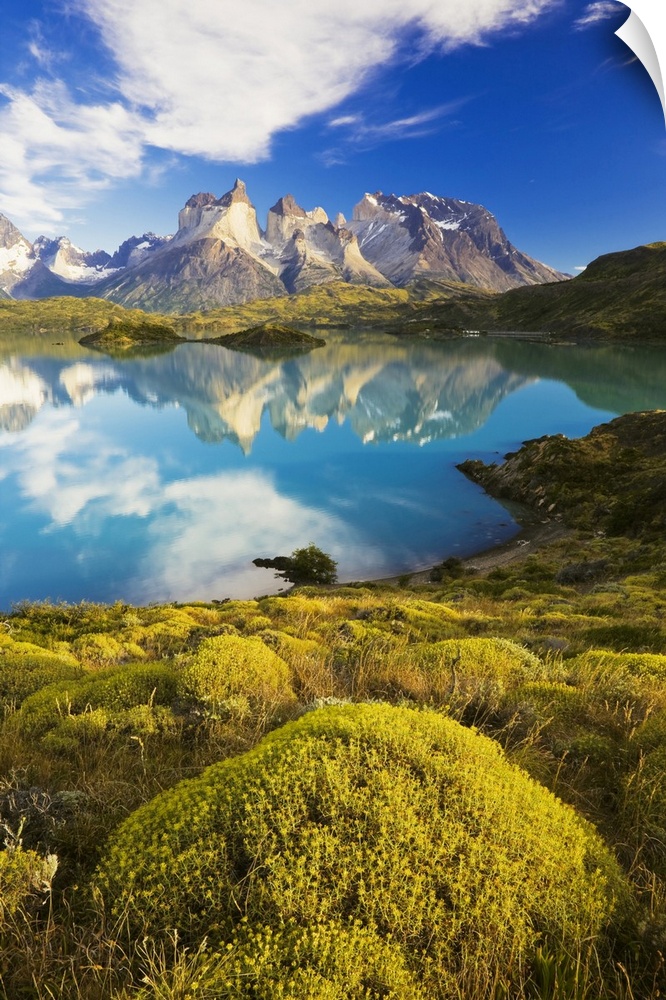 Cuernos del Paine reflected in Lago Pehoe in Torres del Paine National Park, Magallenes, Patagonia, Chile