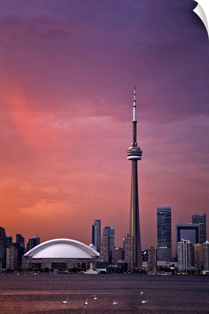 Downtown Toronto across Lake Ontario at sunset.