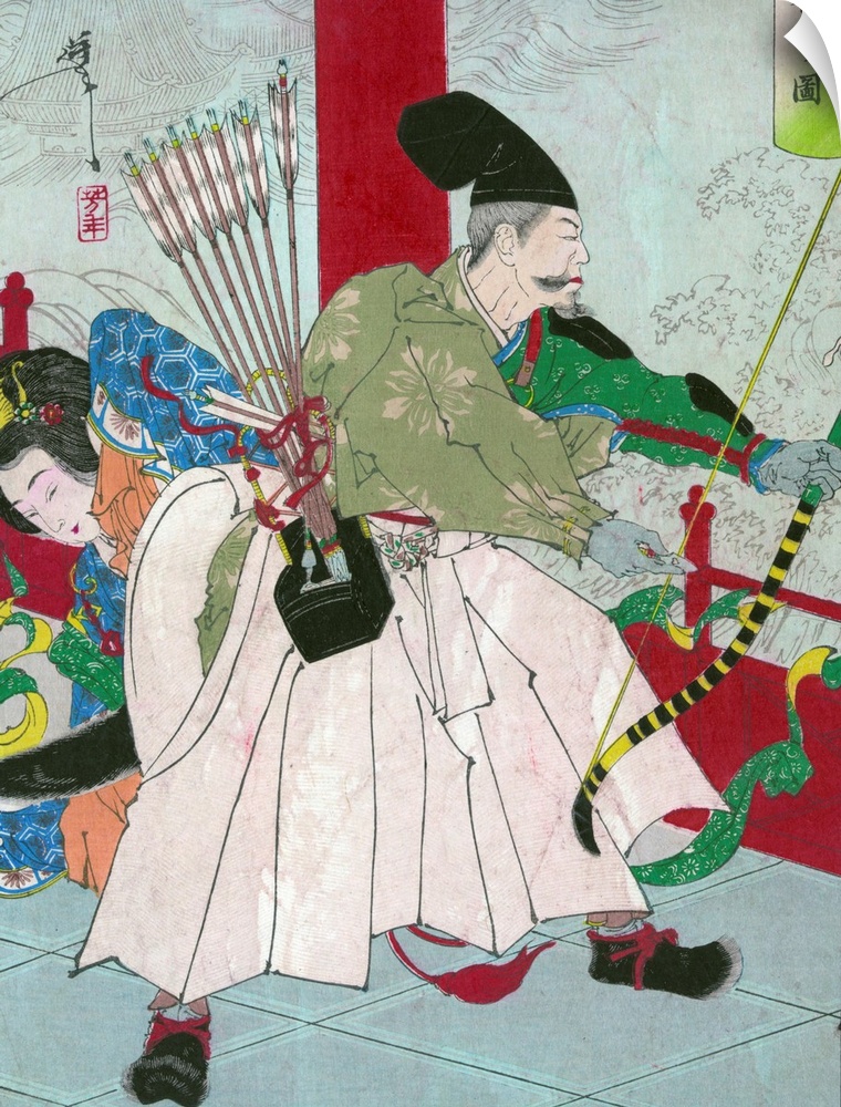 Dragon King's palace by the artist Yoshitoshi Taiso. Woodcut, colour print shows the warrior Watanabe no Tsuna, with bow a...