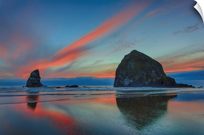 Dramatic Sunset Light In Clouds, Cannon Beach, Oregon