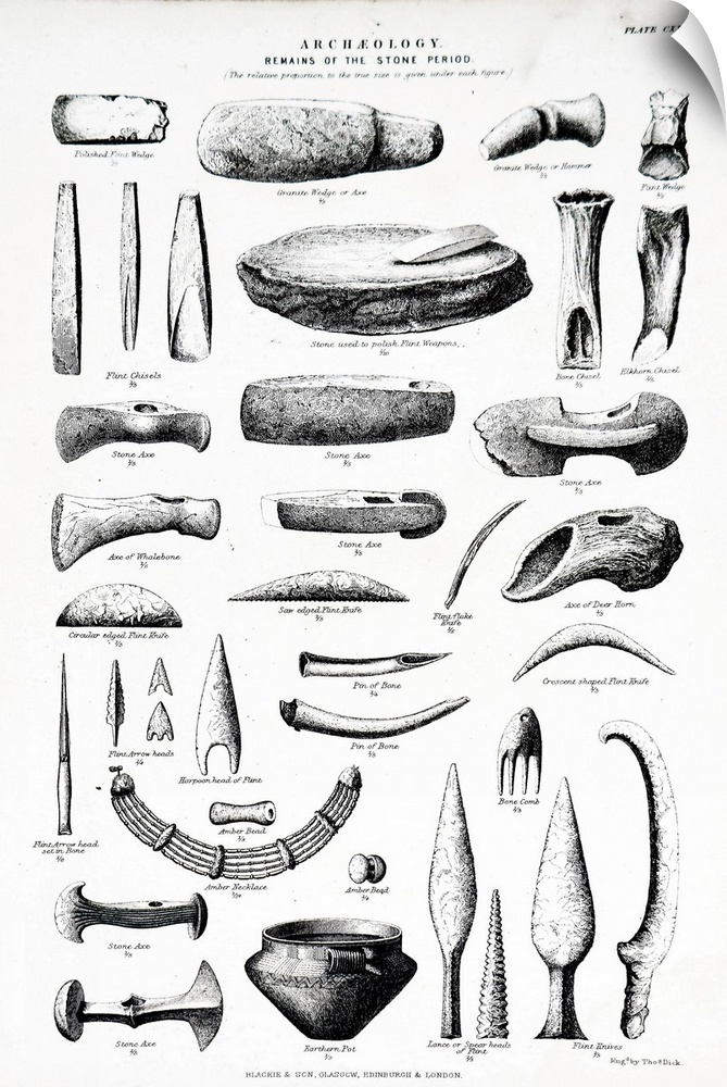 Engraving depicting the remains of Stone Age tools including: Polished front wedge, granite wedge or axe, granite wedge or...