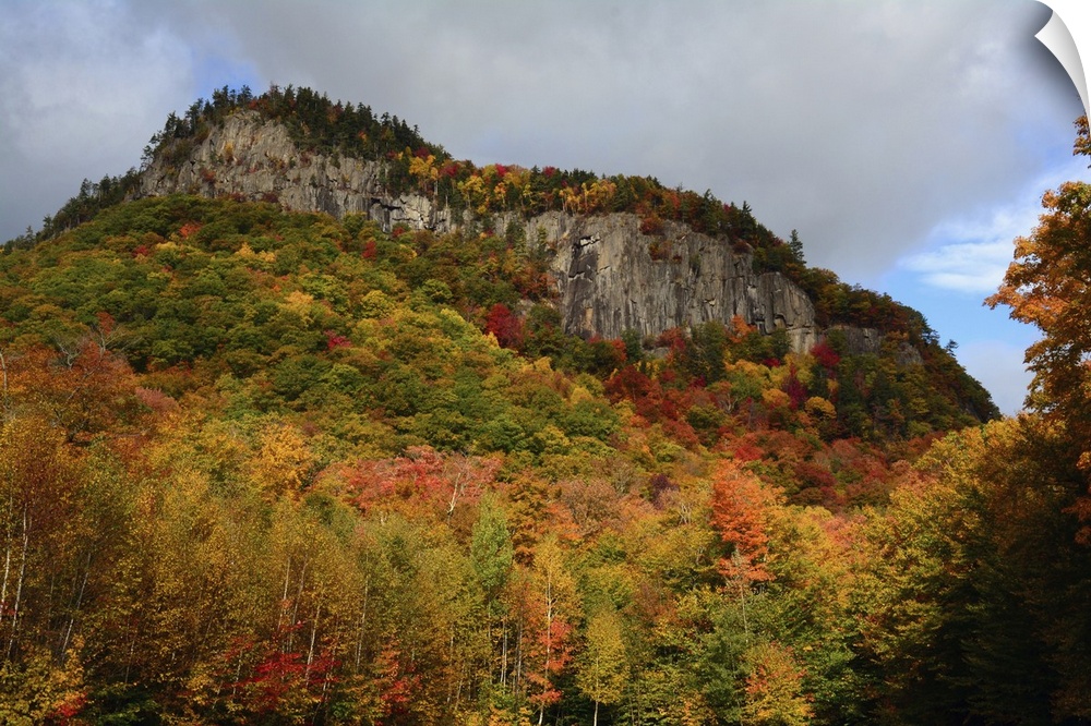 Scenic view of fall foliage and exposed rock on a hillside in the White Mountains, New Hampshire. Crawford Notch State Par...