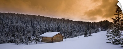 Farm Hut And Forest In Winter, Dolomite Mountains, Alta Badia, South Tyrol, Italy