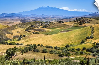 Farmland With Mount Etna In The Background Near San Michele Di Ganzaria, Sicily, Italy