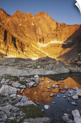 First Light On Long's Peak At Chasm Lake In Rocky Mountain National Park, Colorado