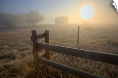 Foggy Sunrise Over Abandoned Farm With Fence And Barn, Alberta Prairie, Canada