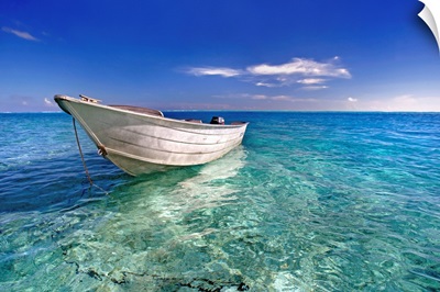 French Polynesia, Tahiti, Bora Bora, White Boat Floating On Turquoise Water