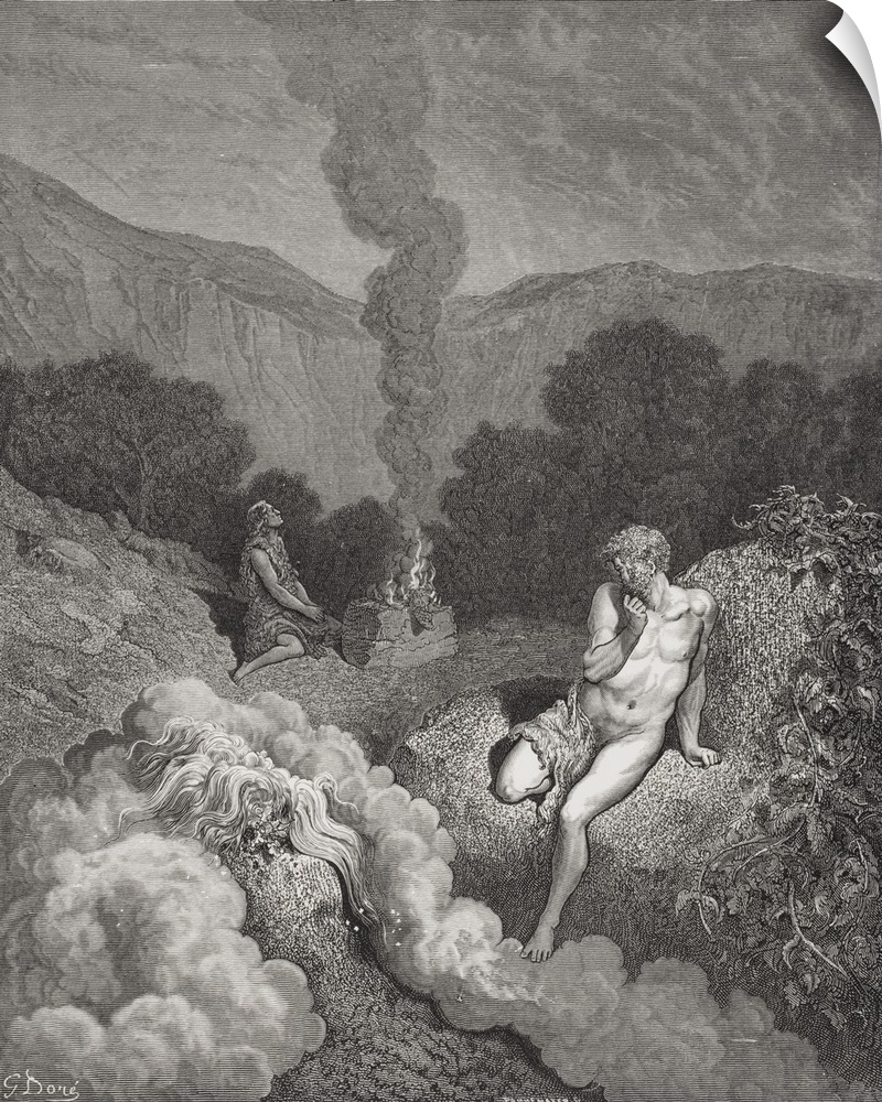 Engraving From The Dore Bible Illustrating Genesis IV, 3 To 5, Cain And Abel Offering Their Sacrifices, By Gustave Dore, 1...