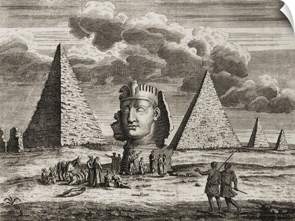 Giza, Egypt. Pyramids And Sphinx As Imagined By 18th Century Artist. (From 18th Century Print) Engraved By J. Clark 1735.