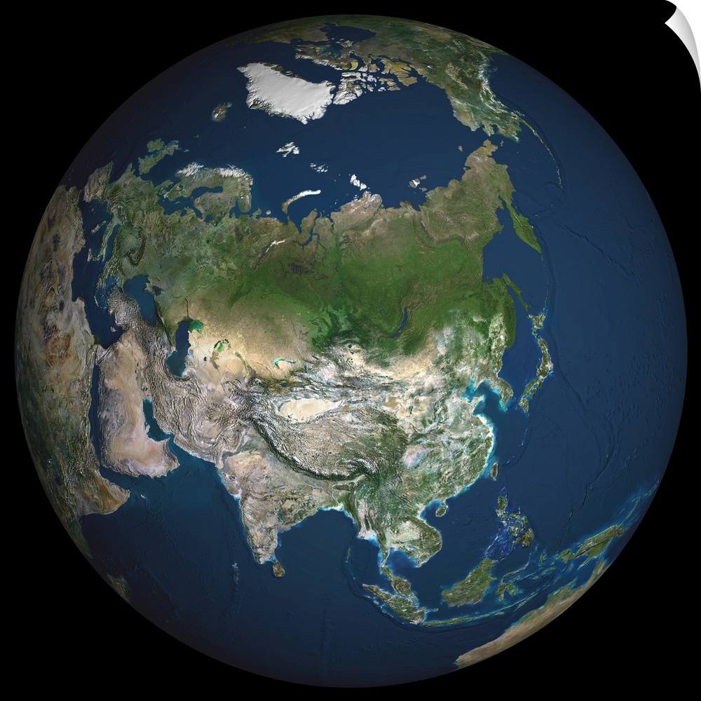 Globe Asia, True Colour Satellite Image. Earth. True colour satellite image of the Earth, centred on Asia. The North Pole ...