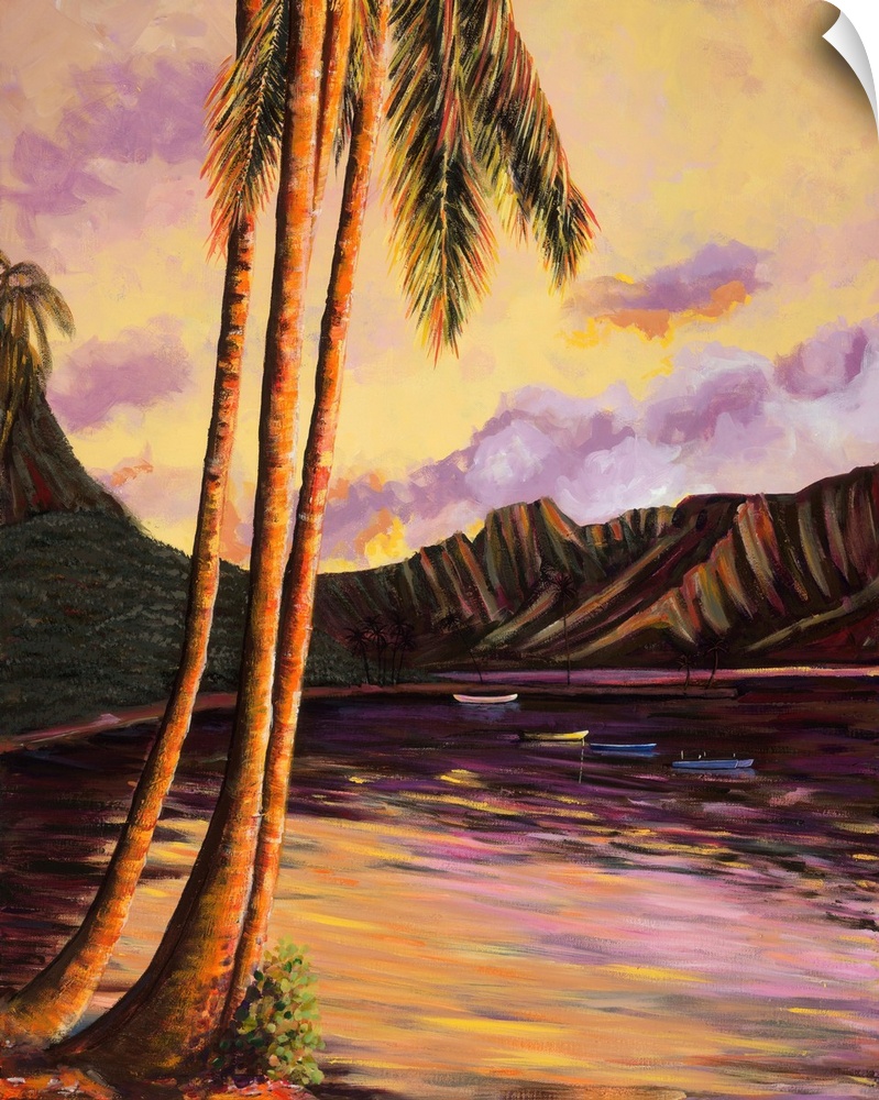 Glowing Kualoa (Diptych 1 Of 2), Hawaii, Oahu, Kualoa Point Left Side And Reflections At Sunset (Acrylic Painting) - Dipty...