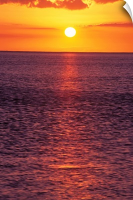 Golden Sun Ball, Sunset With Orange Sky Over Ocean Purple Surface