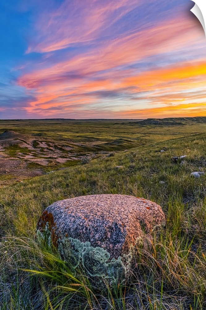 Vast landscape stretching to the horizon at sunset in Grasslands National Park, Val Marie, Saskatchewan, Canada