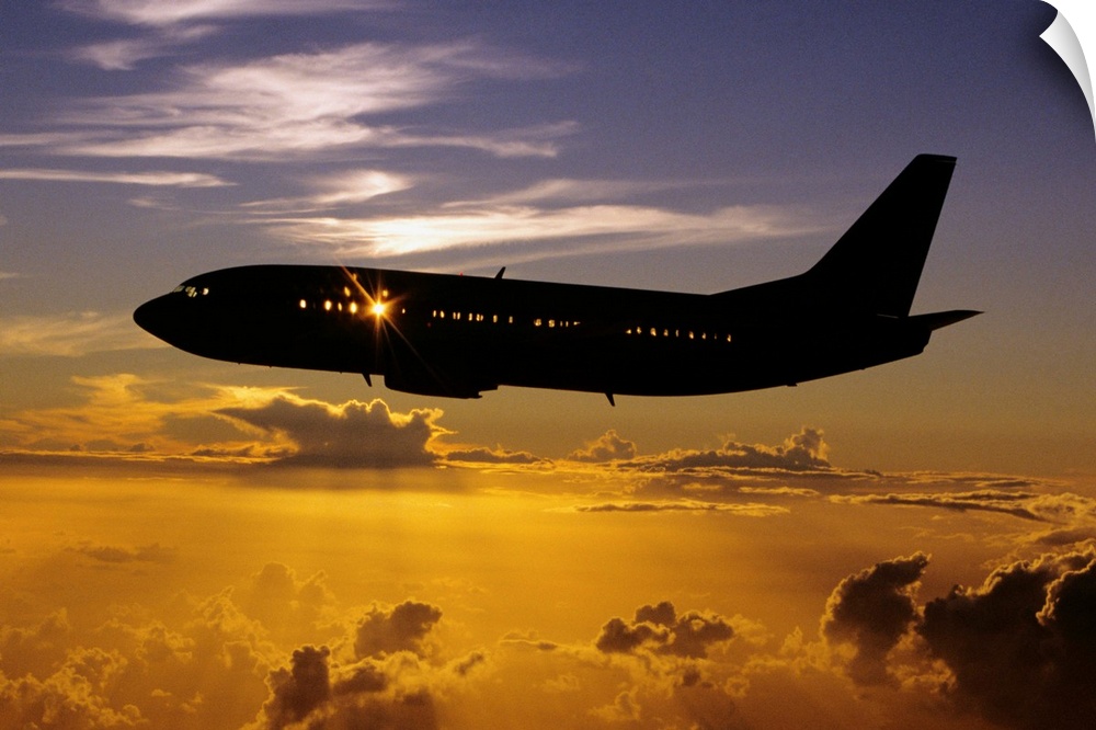 Hawaii, Airplane In Silhouette Sunset In Sky