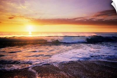 Hawaii, Beautiful Wave Crashing On Shoreline, Sunset Illuminates Ocean