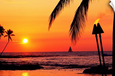 Hawaii, Big Island, Kohala, Waiulua Bay, Sunset With Palm Trees, Sailboat, And Torches