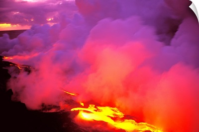 Hawaii, Big Island, Morning Sky Filled With Pink And Gray Smoke From Lava Flow