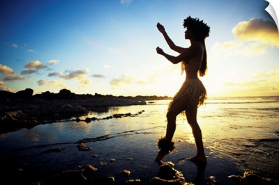 Hawaii, Female Hula Dancer On Beach, Silhouetted By Sunset