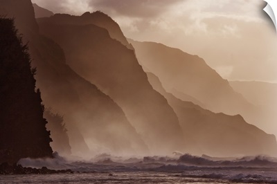 Hawaii, Kauai, North Shore, Na Pali Coast, Haena, Misty Waves At Dusk