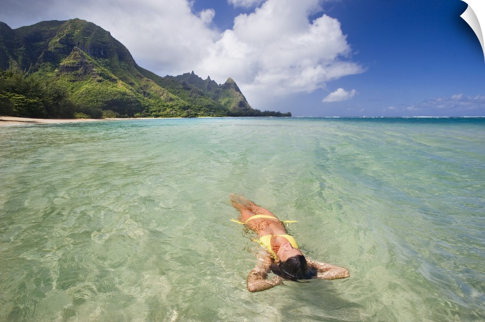 Hawaii, Kauai, Tunnels Beach, Woman Floating In The Ocean