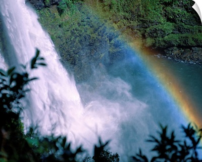 Hawaii, Kauai, View Looking Down Wailua Falls With Rainbow Arching