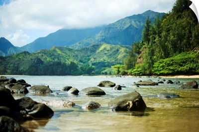 Hawaii, Kauai, Waikoko, Ocean Shoreline And Mountains In Distance
