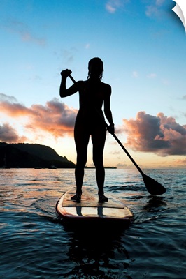 Hawaii, Kauai, Woman Stand Up Paddling In Ocean, Beautiful Sunset