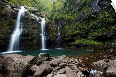 Hawaii, Maui, Hana, The Three Waikani Falls With A Clear Blue Pond On The Road To Hana