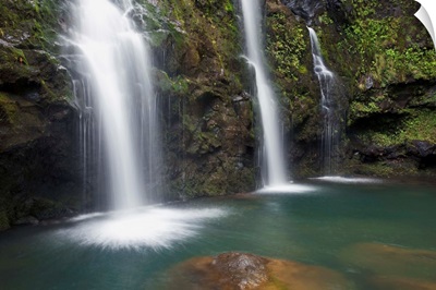 Hawaii, Maui, Hana, The Three Waikani Falls With A Clear Blue Pond On The Road To Hana