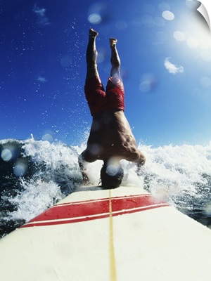Hawaii, Maui, Hookipa, Riding A Wave While Doing A Headstand