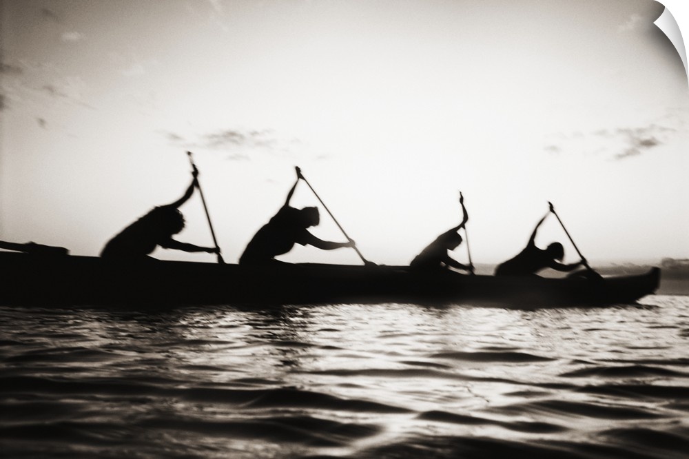 Hawaii, Molokai To Oahu Canoe Race, Paddlers Silhouetted At Sunset (Black And White Photograph).